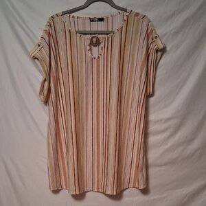Cure Womens Top Size 2XL Multicolor Stripes Keyhole Wooden Accent Cap Sleeve